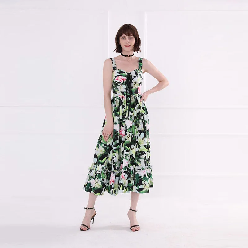 

High quality 60% silk slip dress Chic floral print ruffles layered dress Women's summer party dress A311