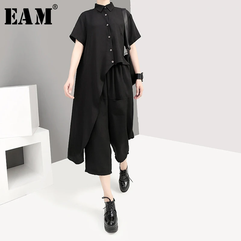 

[EAM] 2019 New Autumn Winter Lapel Short Sleeve Black Irregular Hem Loose Wide Leg Pants Two Piece Suit Women Fashion JX994