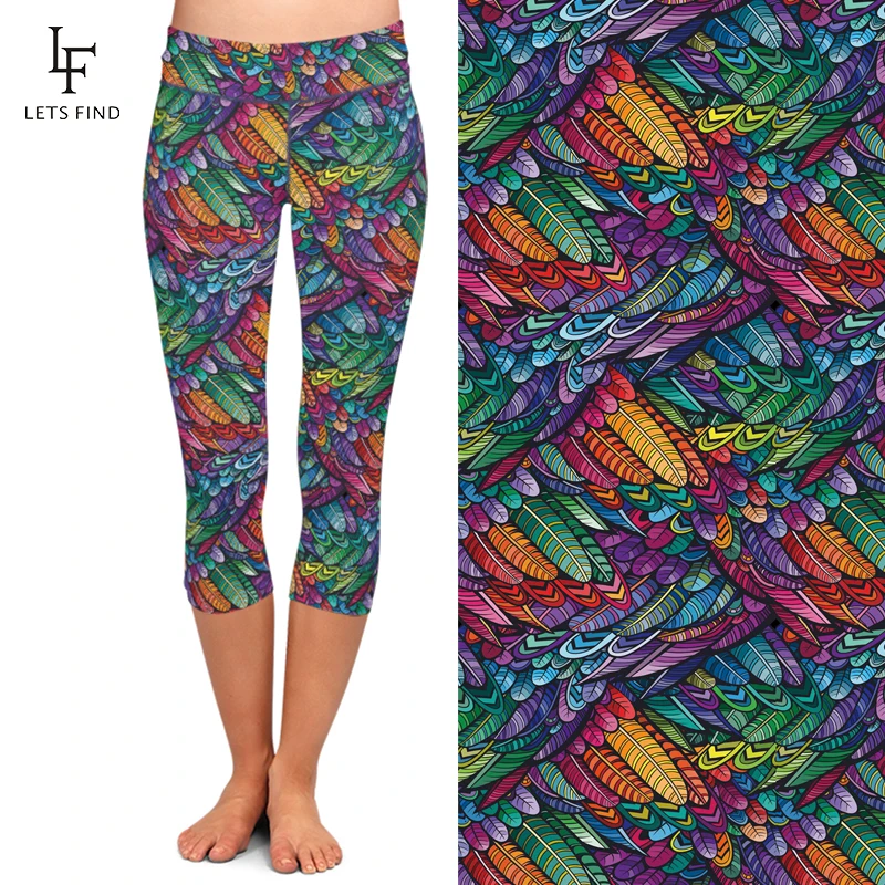 lululemon leggings LETSFIND Summer Style 3D Colorful Feathers Design Digital Printing Capri Leggings High Waist Women Mid-Calf 3/4 Pants Plus Size tights for women