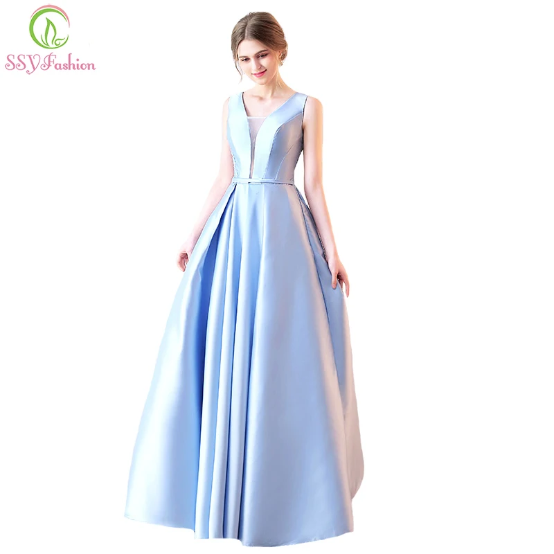 SSYFashion новые летние вечернее платье невесты Роскошные светло голубой атласная v
