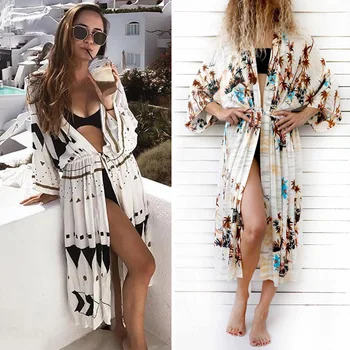 

FXbikiny 3 Style Summer Beach Cover Up Swimwear Cotton Drawstring Beach Long Dress Chiffon Long Sleeve Swimsuit Push Up Swimwear