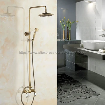 

Antique Brass Bathroom Rainfall Shower Faucet Set Mixer Tap With Hand Sprayer Wall Mounted Nan103