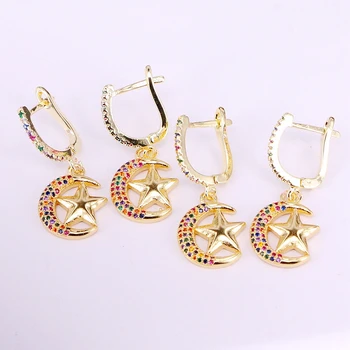 

6PCS, Micro Pave Colorful CZ Earrings Rainbow Jewelry Gold Color Crescent Star Dangle Earrings