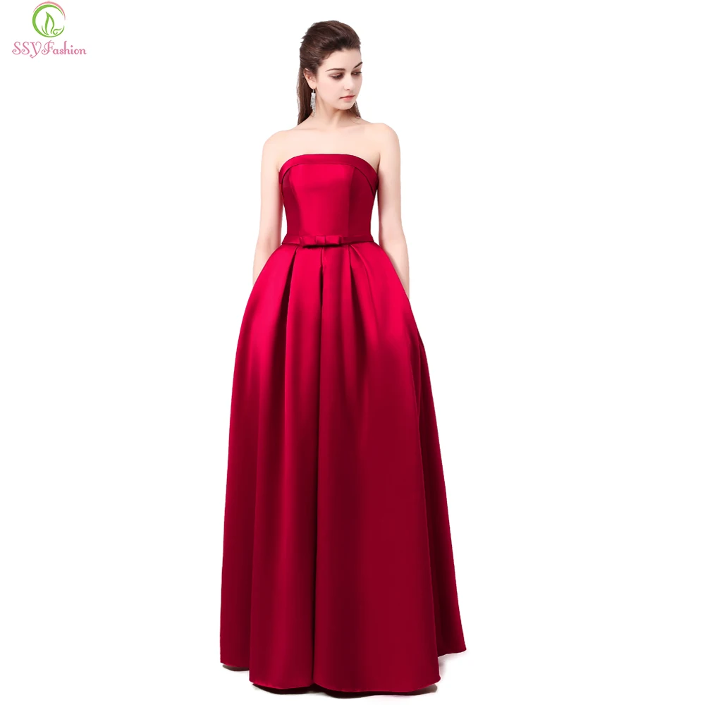 

Vestido SSYFashion Formatura Bridal Strapless Sleeveless Wine Red Danni Slim Long Prom Dress Custom Party Formal Evening Gown