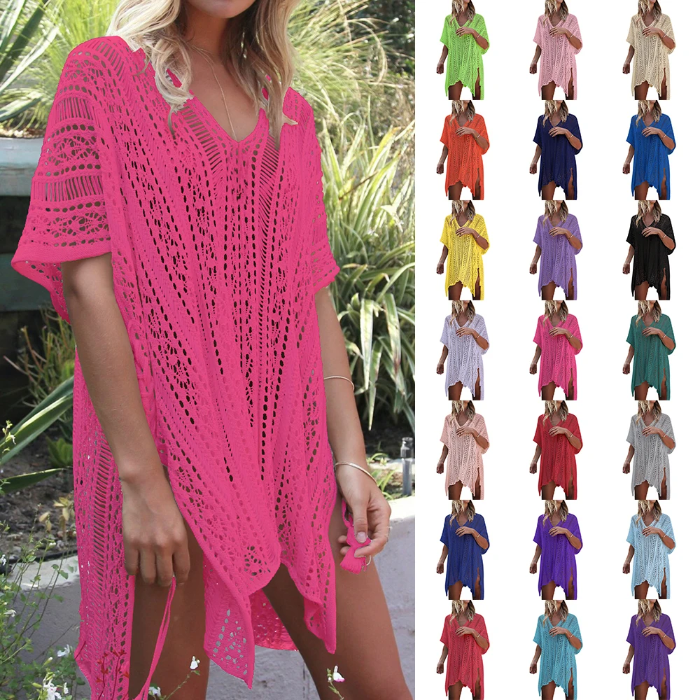 2019 Crochet White Knitted Beach Cover up dress Tunic Long Pareos