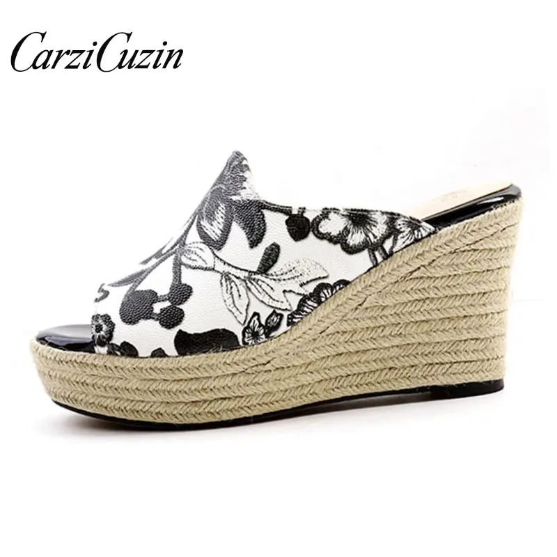 

RIZABINA Real Leather Women High Heels Sandals Fashion Platform Summer Shoes Women Wedges Slippers Lady Footwear Size 34-39