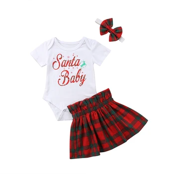 

Newborn Toddler Baby Girls Clothes Set 3pcs T Shirt Short Sleeve Bodysuit Plaid Skirts Xmas Cute Casual Outfits 2018 Christmas