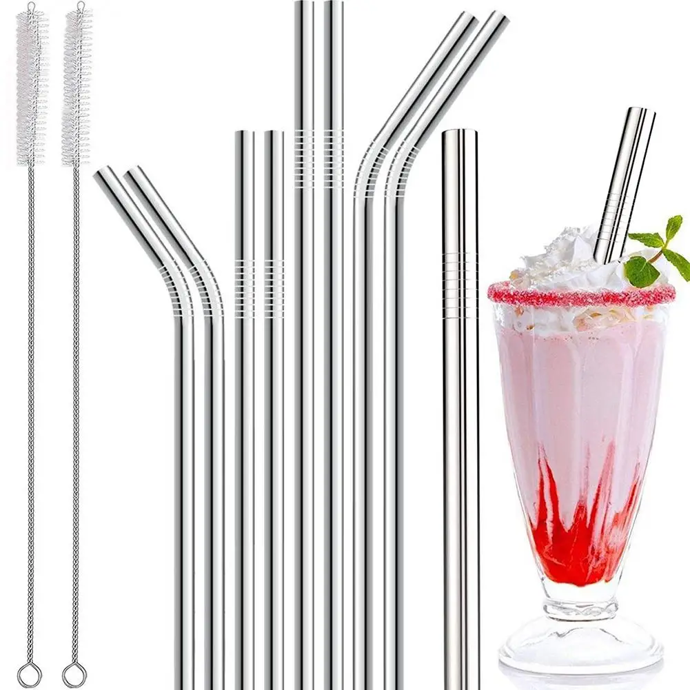 

9Pcs Reusable Stainless Steel Straws Set Straight Bent Beverage Straw with Cleaning Brush Bar Household Accessory Drinking Tool