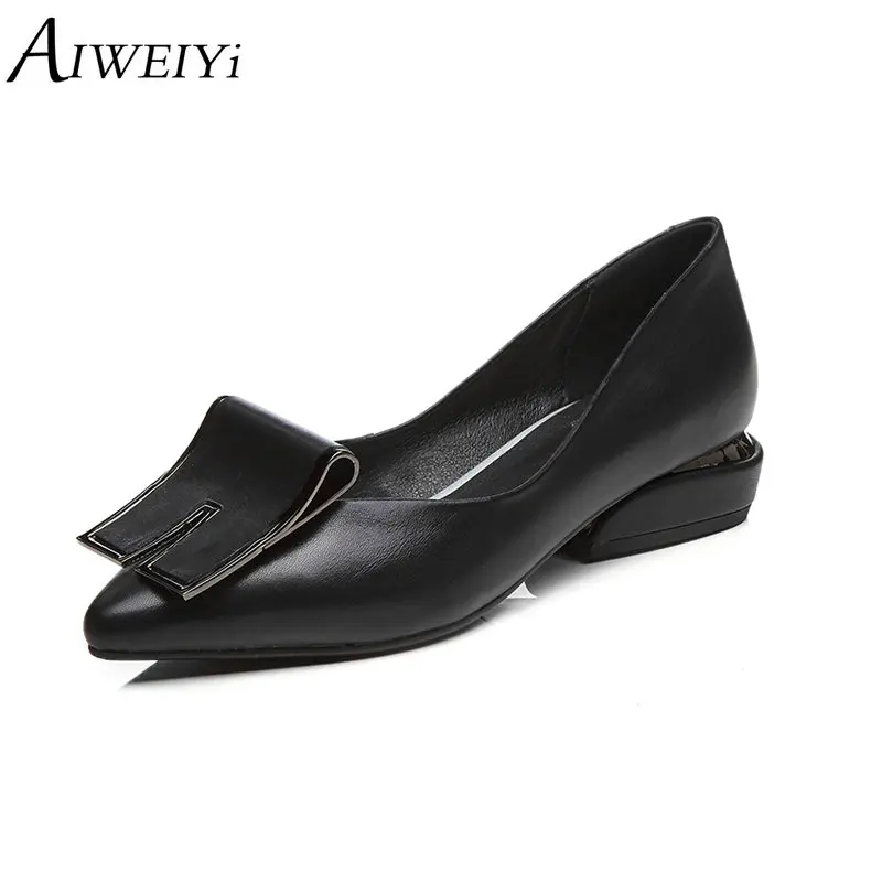 

AIWEIYi 2019 New Pointed Toe Low Heel Pumps Genuine Lather Shallow Mouth Slip On Thick High Heel Shoes Ladies Wedding Shoes