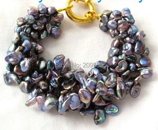 

huij 00525 4 Rows Black Blue Rainbow Petal Reborn Keishi Keshi Pearl Bracelet 8
