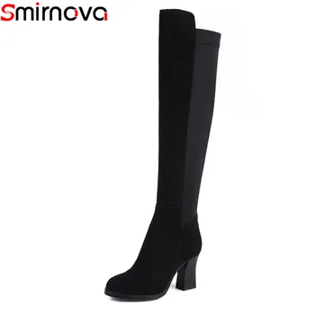 

Smirnova 2018 NEW HOT fashion suede leather boots round toe over the knee high boots women square high heels women winter boots