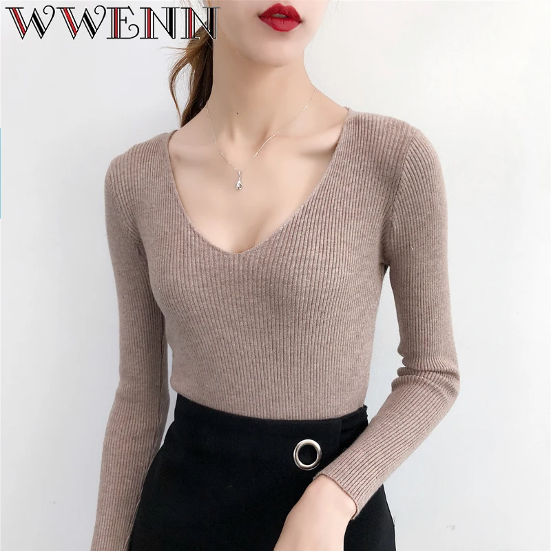 

Pull Femme Sexy Deep V Neck Women Sweaters And Pullovers 2018 Winter Pink Gray Knitted Warm Jumper Slim Stretch Sweater Female