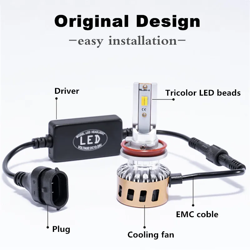  INLONG H4 LED Headlight Bulbs H11 H7 H8 H1 9005 9006 HB4 Tricolor 3000K 4300K 6000K 80W 10000LM Car - 33001854991
