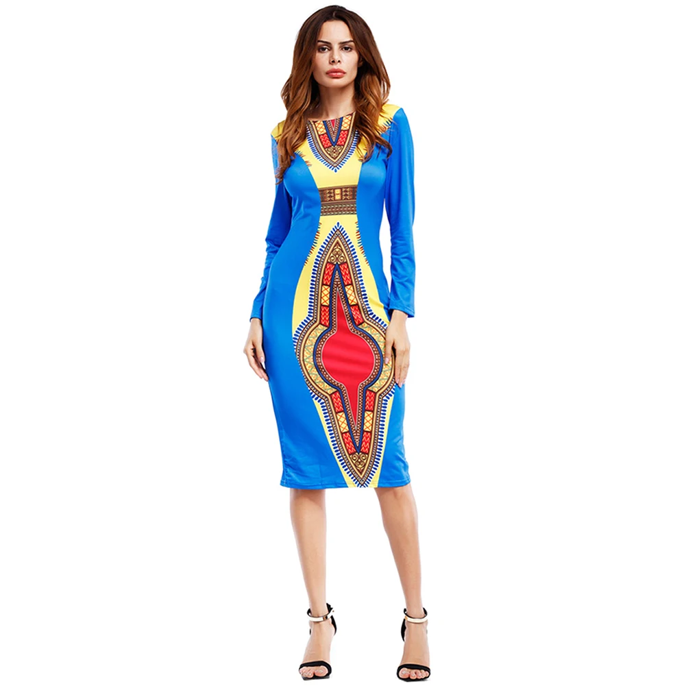 

2019 Autumn Hot Sale African Tribal Ethnic Style Print Dress Round Neck Long Sleeve Slim Bag Hip Dress robe wax africain femme