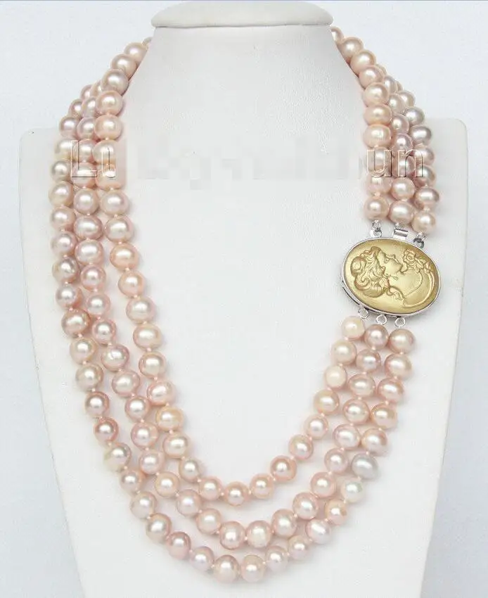 

FREE SHIPPING HOT sell new Style >>>>>16" 3row Strand 9mm pink-purple pearls necklace cameo seashell clasp j9375