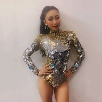 

Shining Silver Sequins Rhinestone Dress Women Birthday Bright Sexy Costume Prom Celebrate Bling Mirrors Dresses Evening Outfit