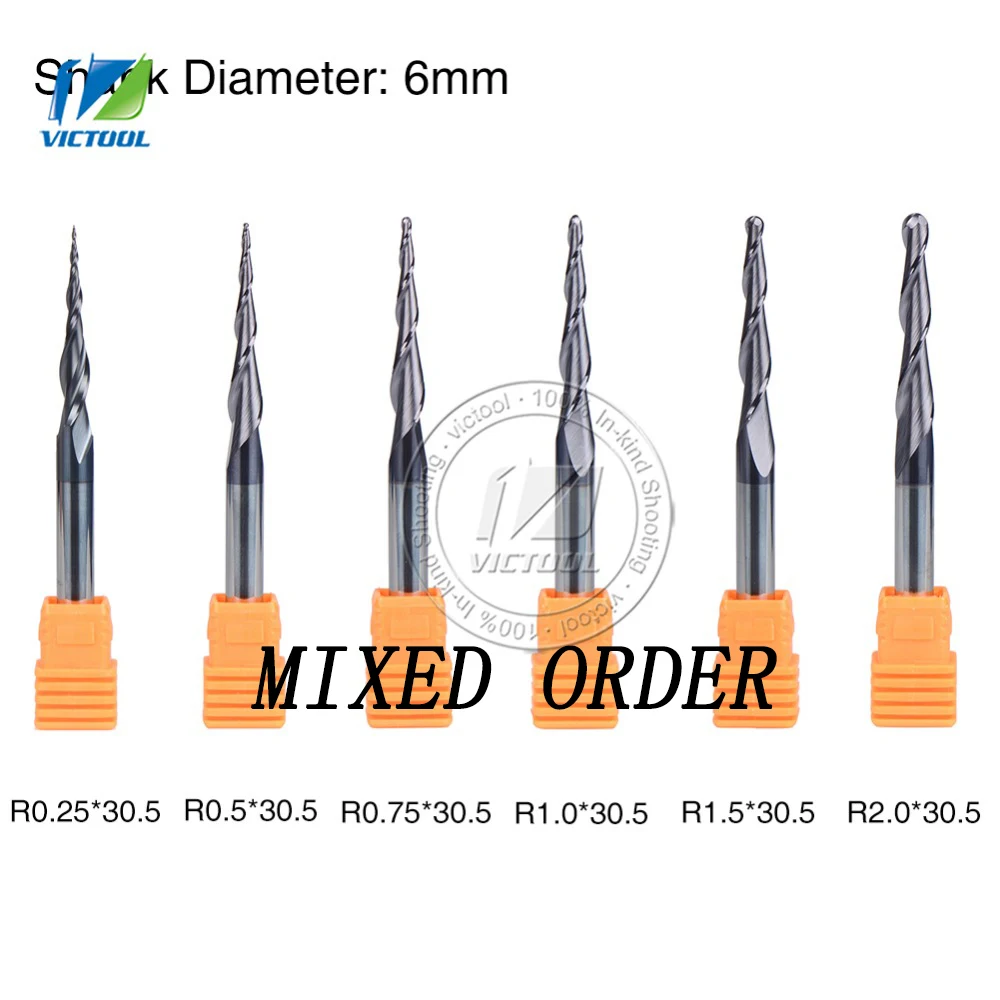 

R0.5*R1.0*R1.5*R2.0*D6*30.5*75L 2 flutes Tungsten solid carbide Coated Tapered Ball Nose End Mills taper mills