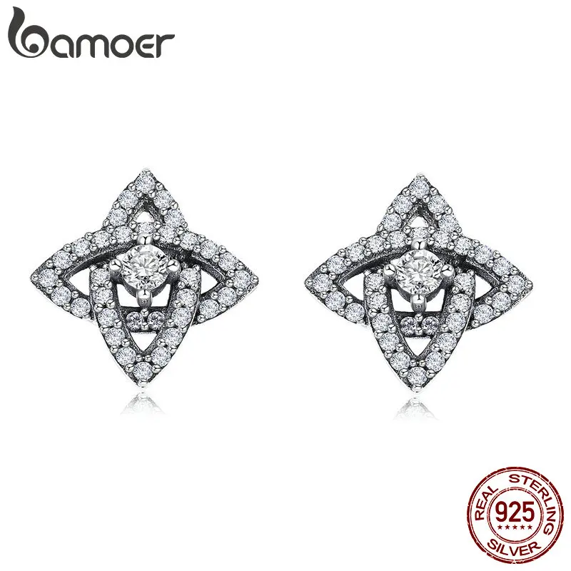 

BAMOER Genuine 100% 925 Sterling Silver Sparkling Crystal CZ Geometric Stud Earrings for Women Sterling Silver Jewelry SCE384