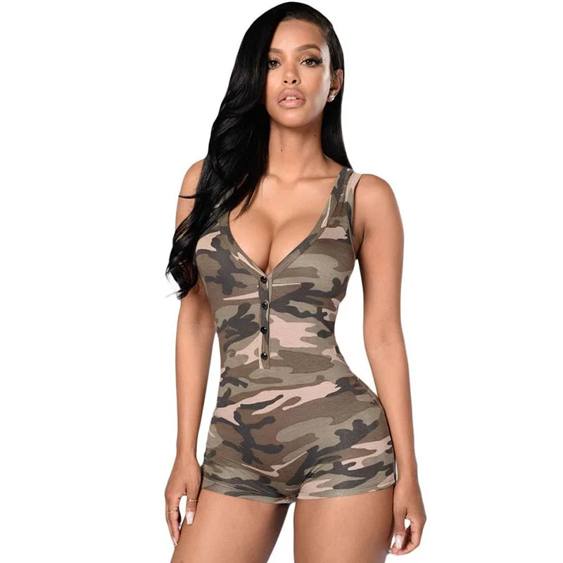 Сексуальный женский комбинезон с v-образным вырезом без рукавов, армейские камуфляжные шорты, боди, летний обтягивающий короткий комбинезон для женщин - Цвет: Camouflage