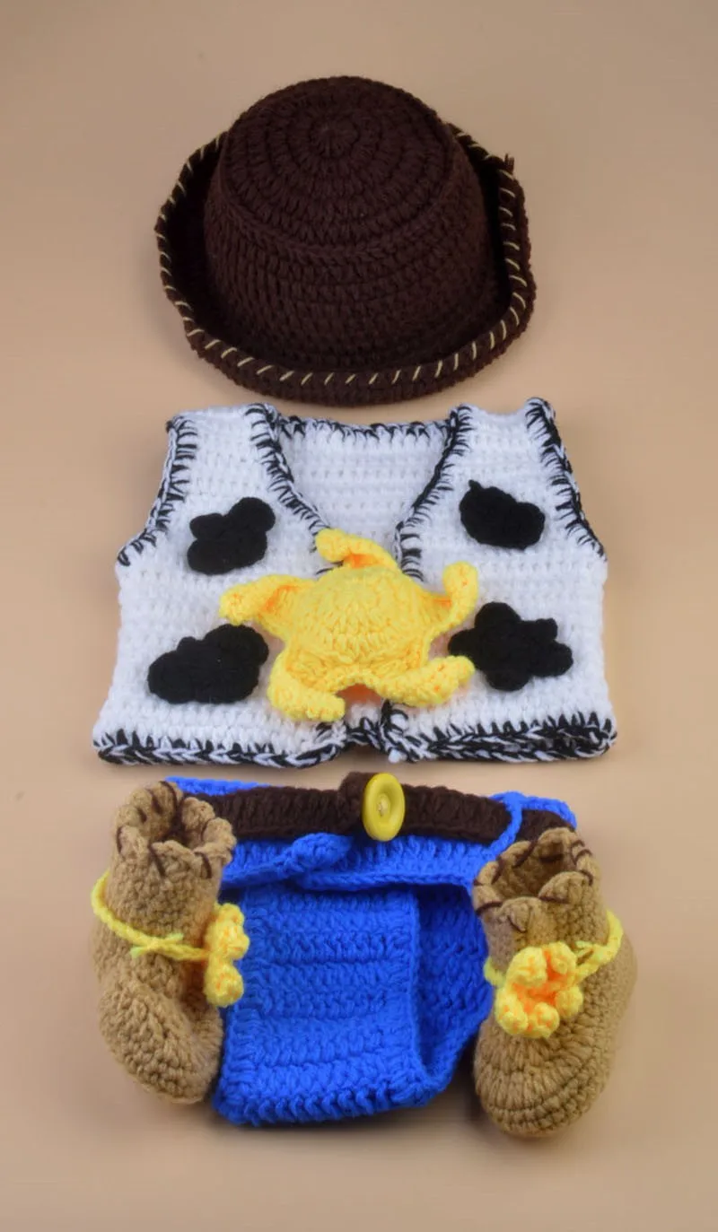 Вязаные для новорожденных ковбойская одежда для маленьких мальчиков реквизит для фотосессии ковбойские ботинки шляпа и подгузник с жилетом 5 шт. комплект одежды H253