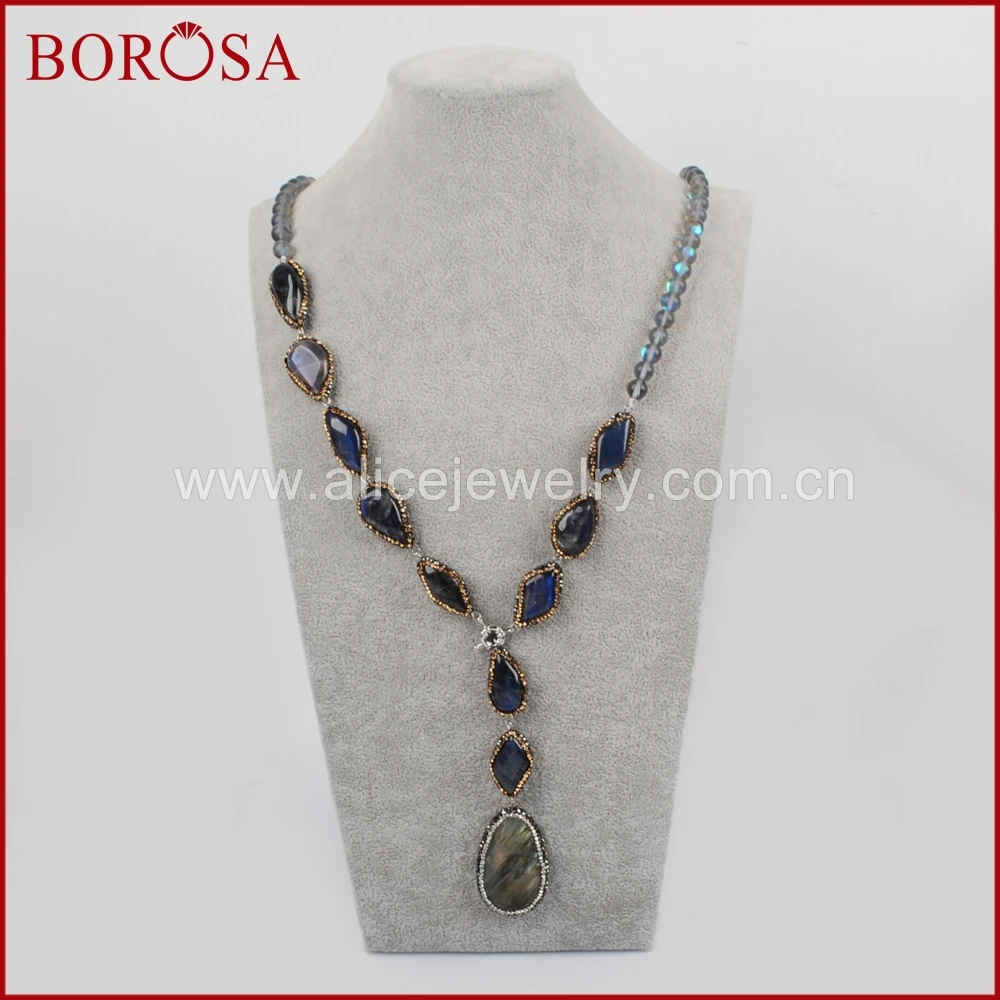 

BOROSA Labradorite Stone & Natural Quartz Beads Rhinestone Paved Zircon Pendant Necklace,Druzy Gems Necklace for Women JAB788