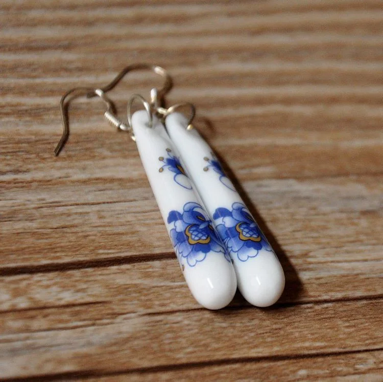 

H:HYDE Ethnic Style Hand painted blue/Pink porcelain earrings Fashion Ceramic drop earrings For women China Dangle Jewelry