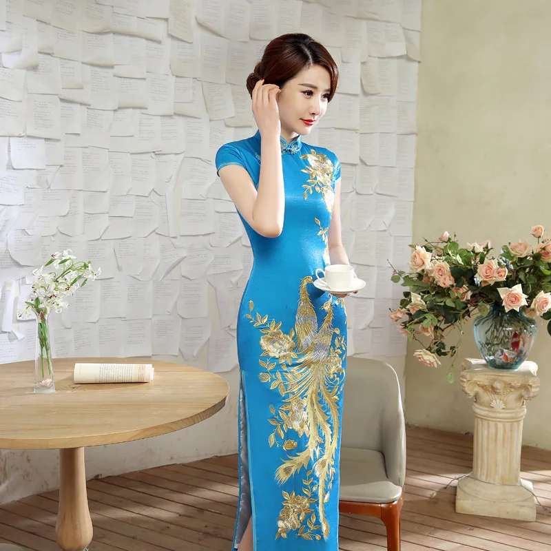 Национальный китайское платье Для женщин шелк Длинные Cheongsam Размеры: S-3XL