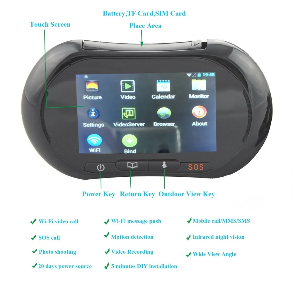 WiFi Digital Peephole Door Viewer - Willful 3.7" LCD Touch Screen Front Door Peephole Camera Wifi Doorbell with Intercom Black
