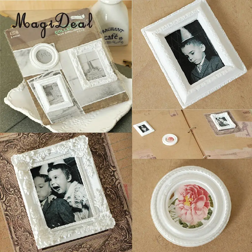 MagiDeal 3pcs White Resin Picture Frames Scrapbooking Projects Square & Round Frames DIY Antique Imitation Home Decor