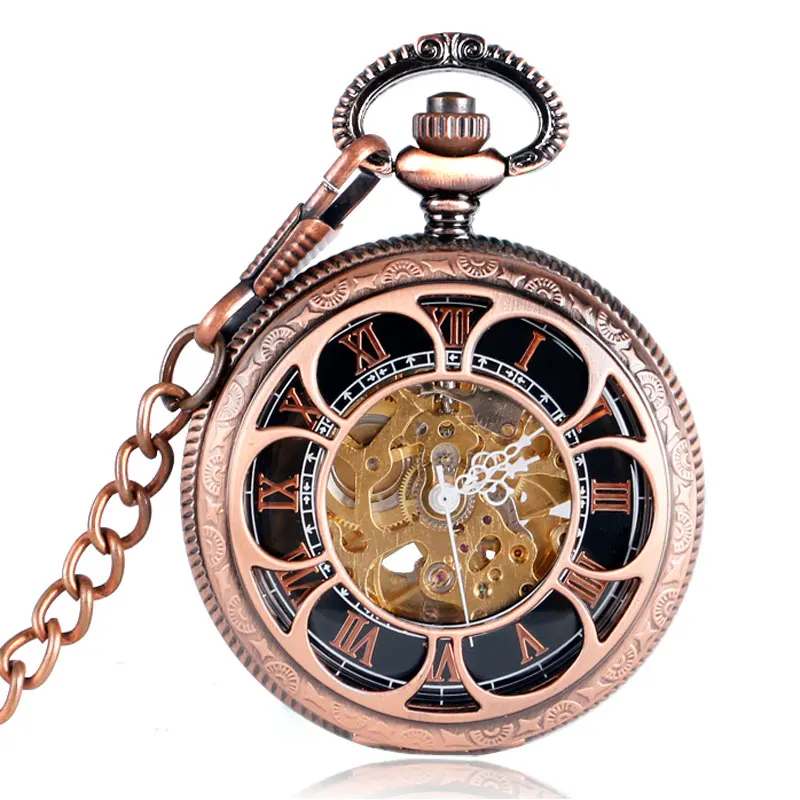

Luxury Skeleton Sun Flower Copper Mehcnaical Automatic Pocket Watch Black Roman Numbers Dial Fob Clock Unisex Gift