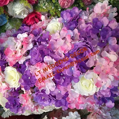 Viola + bianco + rosa artificiale della rosa e ortensia fiore parete per sfondo di nozze o prato/pilastro piombo strada decorazione