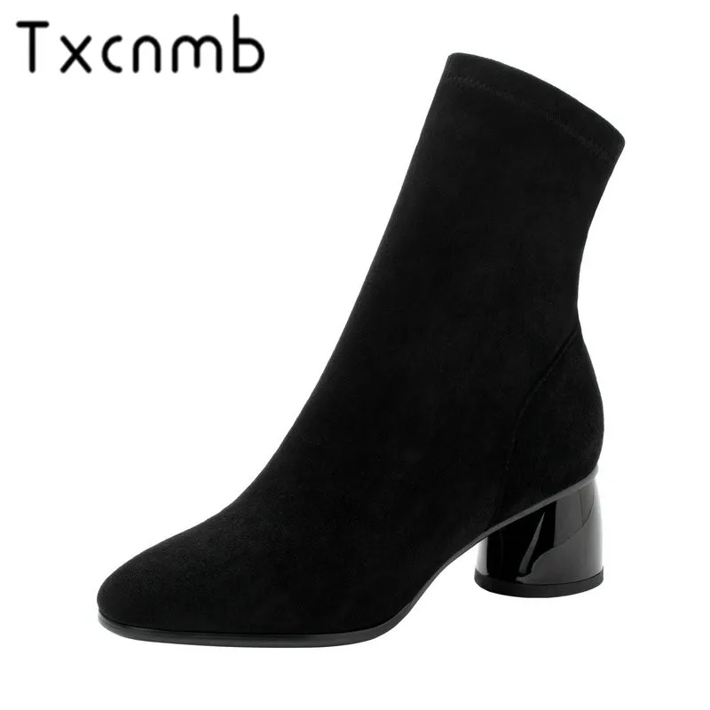 

TXCNMB 2019 Genuine Leather Winter Autumn Women Boots Round Heel Ankle Boots Suede Leather Motorcycle Lady Ladies Shoes