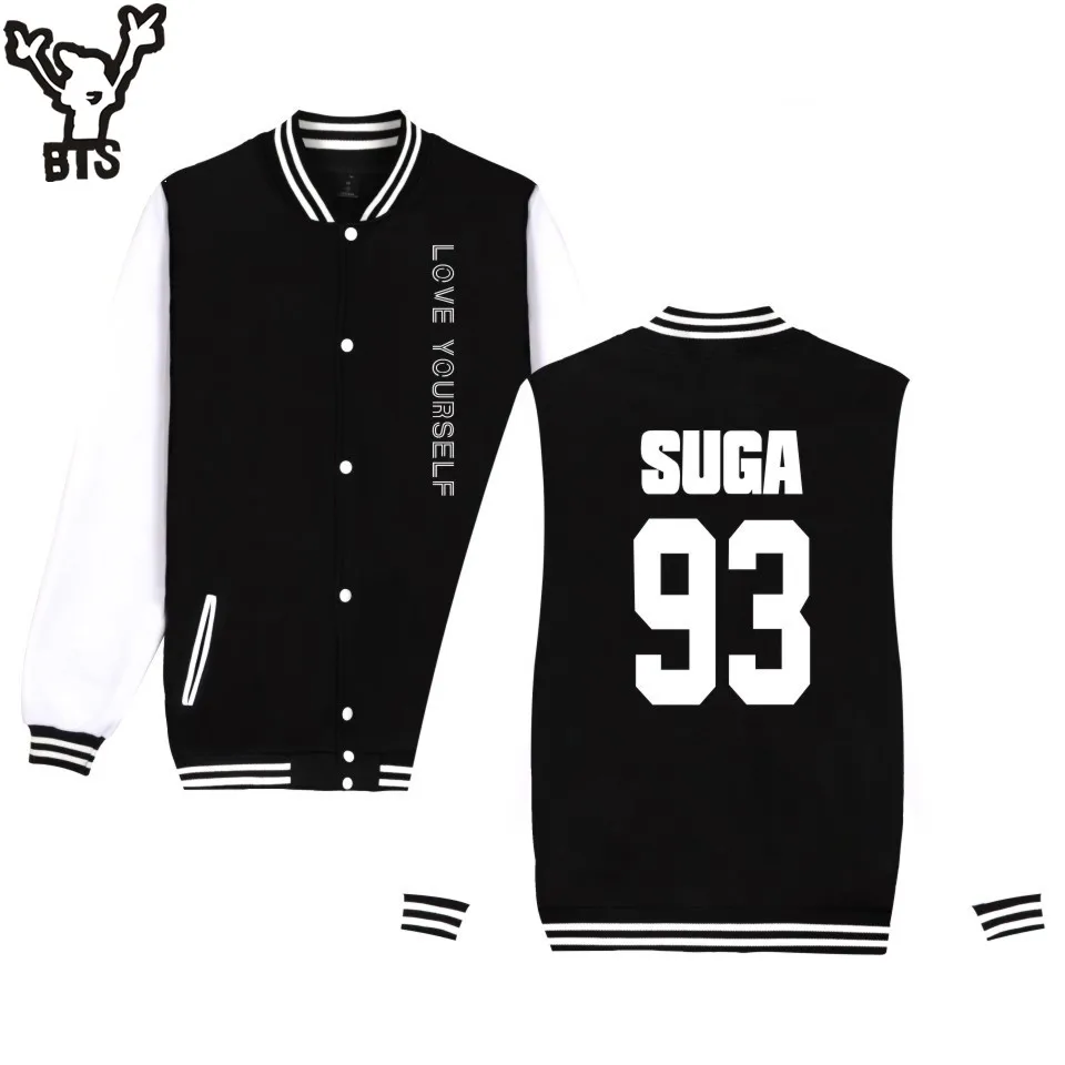 Goedkoop BTS Liefde Jezelf Baseball Jacket Hooded Bangtan Jongens Mode Baseball Jas Vrouwen Plus Size Herfst Lente K pop Jas zwart