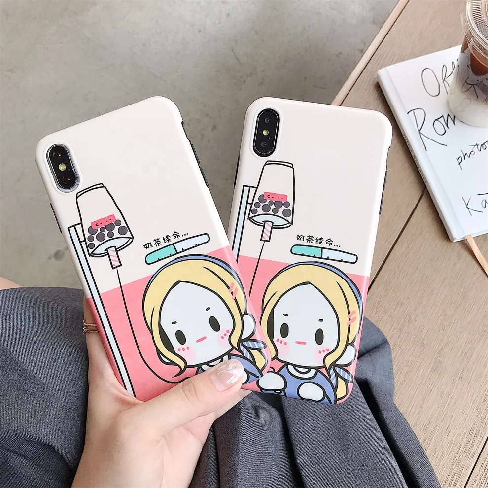 

DTFQ Boba Milk Tea Girl Stylish Fashion IMD Matte Back Cover Soft TPU Case for iPhone 6s Plus 8 7 Xs Max X XR