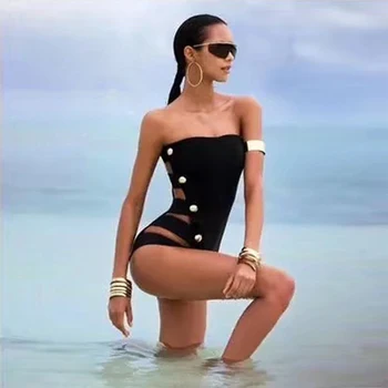 

Sexy Sleeveless Black Bandage Bodysuit 2018 New Arrive Fashion Strapless Solid Sexy Hollow Out Skinny Beachwear Bikini Wholesale
