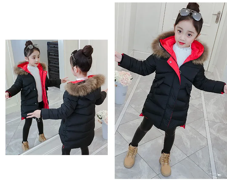 New 2018 Children Outwear Tops Winter Jacket For Girls Fashion Fur Hooded Thick Cotton-Padded Kids Long Coat Solid Parka Clothes (20)