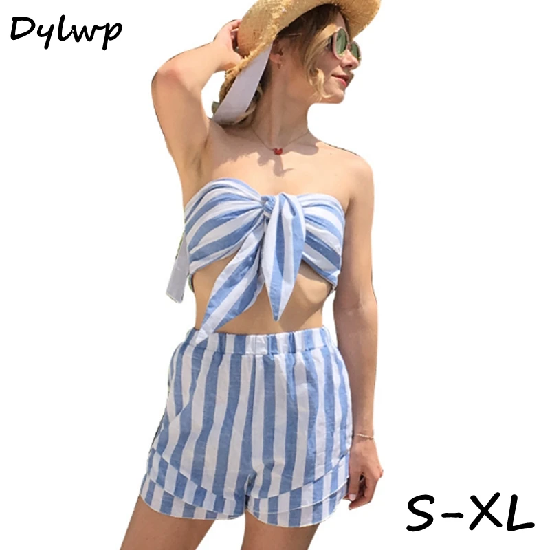 

Two Piece Set Women Blue Striped Tube Top And Mini Shorts Casual Summer Clothes for Women Tracksuit Fashion Vintage Print Outfit