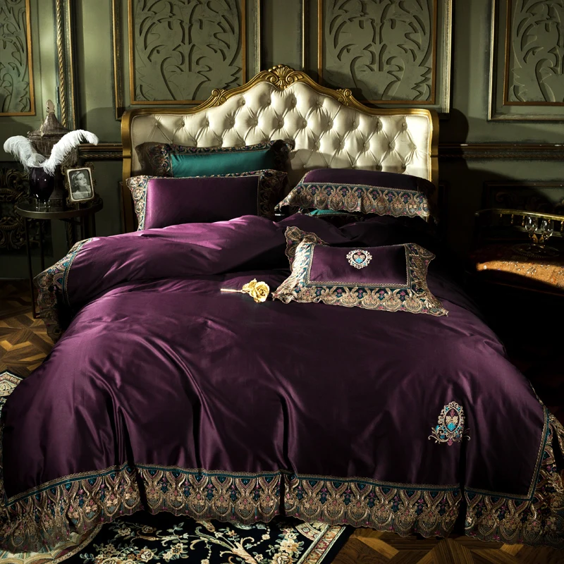 luxury Purple 120S Egyptian cotton Embroidery Royal Bedding sets Queen