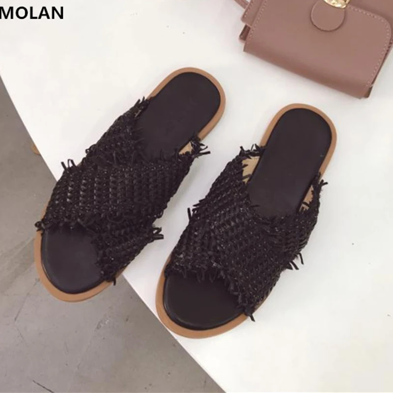 

MOLAN Brand Desingers 2019 Summer Soft Bottom Woman Flat Slides Cane Shoes For Beach Slip On Loafers Mules Flip Flops Casual