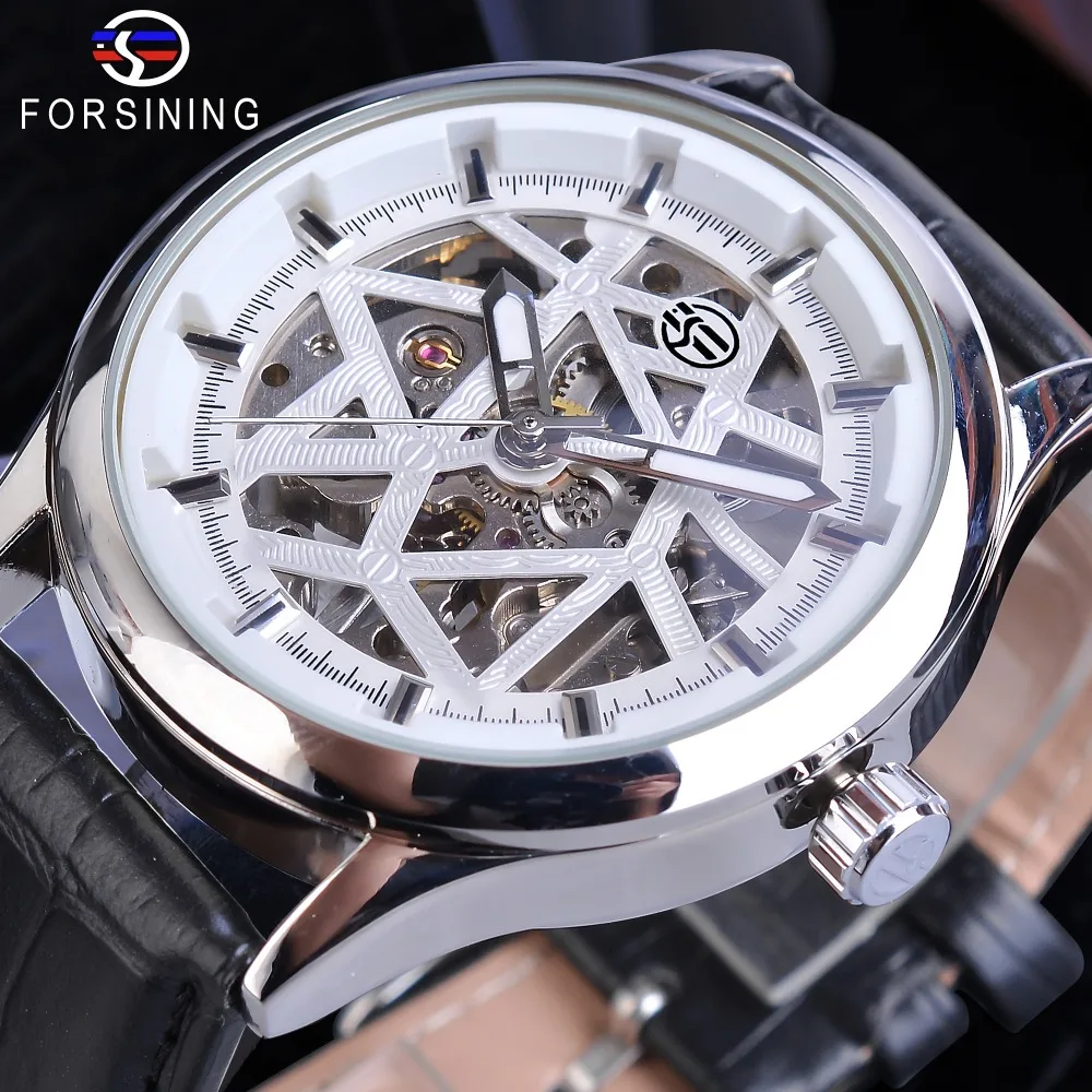 

Forsining Luxury Brand Fashion Mechanical Watches Leather Strap Mens White Hand Winding Skeleton Silver Case Clock Reloj Hombre