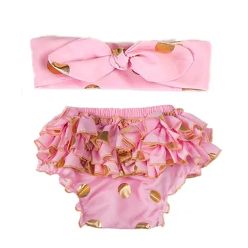 

Baby Girl Clothes Set Pink Gold Polka Dot Ruffle Bloomer With Headband Set