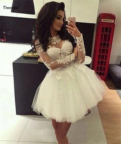 

Custom Ball Gown Homecoming Dresses Long Sleeves Sheer Neck Sweet Dresses Pageant Prom Dresses Short Graduation Dress