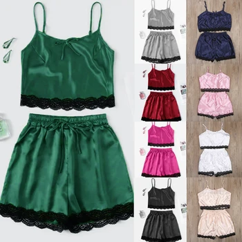 

New 2pcs Women Sexy Sleepwear Soft Lace Nightgown Cami Solid Sleeveless Short Tops with Shorts Pajamas Sets