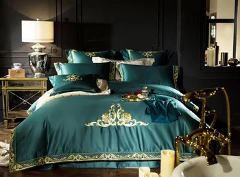 

Green Luxury 100S Egyptian cotton Gold Royal Embroidery Bedding Set King Queen Duvet Cover Bed sheet/Linen Pillowcases 4/7pcs