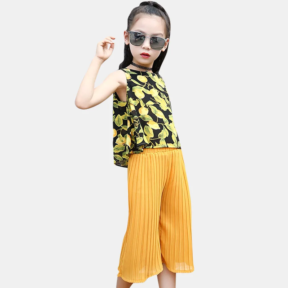 

2019 Girls Set Summer Suit For Kids Print Clothing Set For Teen Girls Casual Children's Clothing 6 8 12 14 Year Vest+Pants 2 Pcs