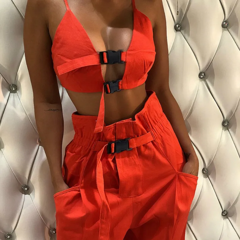 

Sexy Crop Top Strap Button Fly Women Two Pieces Sets 2018 New Arrival Solid Female Casual Pants Button Pockets Tanksuits