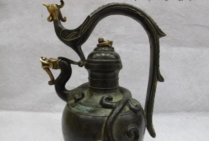 

12 Chinese Bronze Copper Gilt Royal Palace Dragon phoenix teapot Stoup Wine Pot