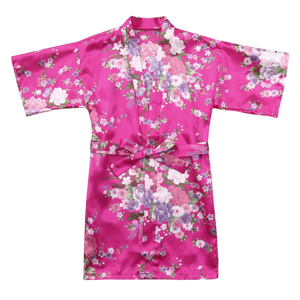 Одежда для малышей для маленьких девочек Повседневное пижамы шелка с цветочным рисунком атласное кимоно; наряд халат; одежда для сна; пижама с длинными рукавами, 15-20 - Цвет: Hot Pink