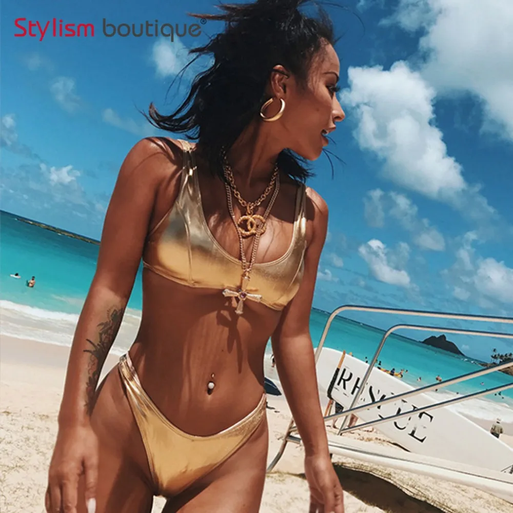 

Metallic Color Sexy Bikini Set Swimwear Women Golden Silver Swimsuit Biquini maillot de bain femme 2018 Swimming Bathing Suit