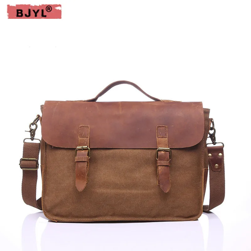

BJYL vintage retro Men canvas bags portable briefcase laptop shoulder bag canvas with genuine leather crossbody messenger bag